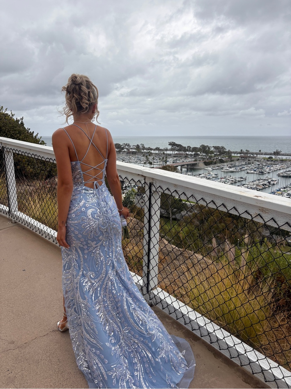 Sherri Hill Light Blue Beaded Prom Dress with Thigh Slit - Picture 3 of 8
